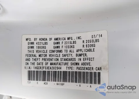 2014 Honda Accord Sport z USA, uszkodzony, nr VIN 1HGCR2F5XEA282944